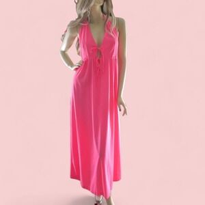 Vintage 70s Hot Pink Halter Maxi Gown M Cutout Front Open Back Bombshell Gown